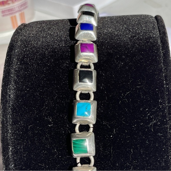 Vintage Mexico Sterling Silver Multi-Colored Gemstones Square Panels Bracelet - Picture 4 of 10